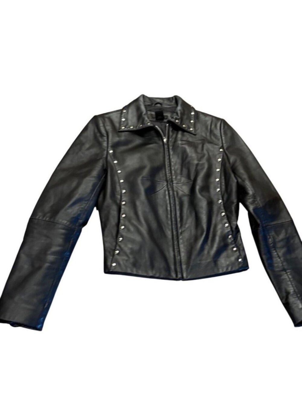 FRENCHI  Black Lamb Skin genuine Leather Moto Jacket Studded zip S Y2K biker